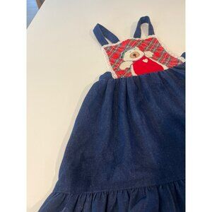 Vintage Denim Jumper Dress With Bear Applique & Lace Trim For Girls
